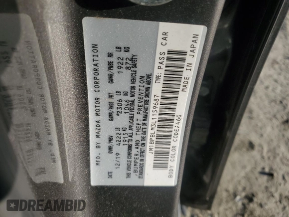 2020 Mazda 3 with VIN JM1BPBLM3L1159687, listed as a Copart auction lot 88937235 with 47,748 mi miles and Clean title. Bid and sale history available at DreamBid. Image 12.