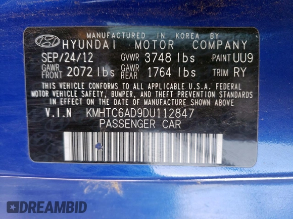 2013 Hyundai Veloster w/Black Int with VIN KMHTC6AD9DU112847, listed as a Copart auction lot 54225235 with 149,163 mi miles and Clean title. Bid and sale history available at DreamBid. Image 12.
