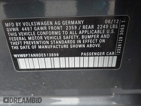 2013 Volkswagen CC Sport with VIN WVWBP7AN8DE513898, listed as a IAAI auction lot 41694857 with 67,440 mi miles. Bid and sale history available at carsss.com. Image 9.
