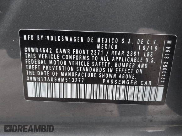 2017 Volkswagen Golf S z VIN 3VWH17AU9HM513277, wystawiony jako IAAI lot #41724269 z przebiegiem 165 315 mil mil oraz . Historia ofert i sprzedaży dostępna na DreamBid. Obrazek 9.