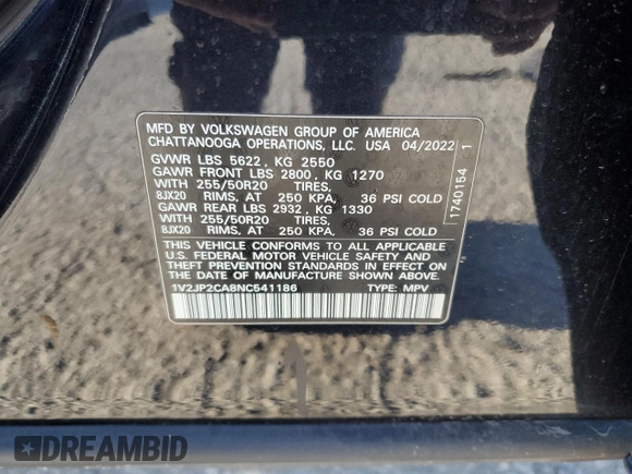 2022 Volkswagen Atlas SE с VIN 1V2JP2CA8NC541186, выставлен на аукционе Copart как лот 89325835 с пробегом 19 286 миль миль и Списание • Salvage title. История ставок и продаж доступна на DreamBid. Изображение 14.