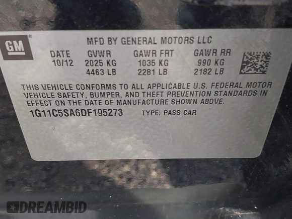 2013 Chevrolet Malibu LT with VIN 1G11C5SA6DF195273, listed as a IAAI auction lot 42114627 with 124,909 mi miles and . Bid and sale history available at DreamBid. Image 9.