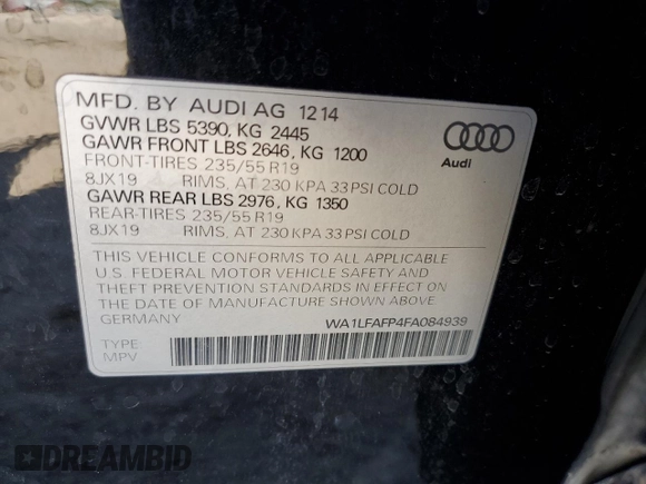 2015 Audi Q5 Premium Plus with VIN WA1LFAFP4FA084939, listed as a Copart auction lot 54881825 with 94,916 mi miles and Salvage title. Bid and sale history available at DreamBid. Image 13.