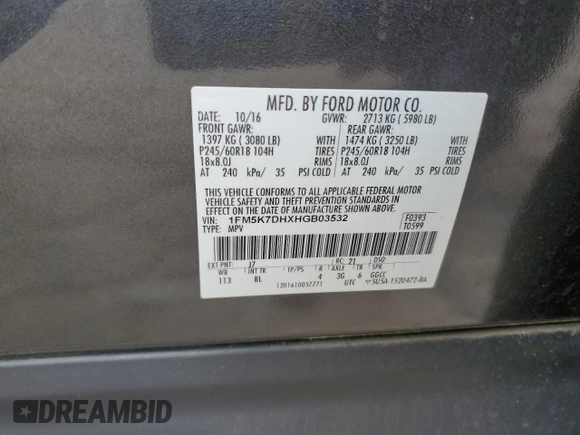 2017 Ford Explorer XLT с VIN 1FM5K7DHXHGB03532, выставлен на аукционе Copart как лот 63985525 с пробегом 95 961 миль миль и Списание • Salvage title. История ставок и продаж доступна на DreamBid. Изображение 13.