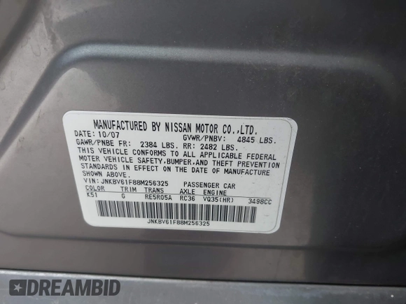 2008 Infiniti G35 Sedan x with VIN JNKBV61F88M256325, listed as a IAAI auction lot 42026889 with 1 mi miles. Bid and sale history available at carsss.com. Image 9.