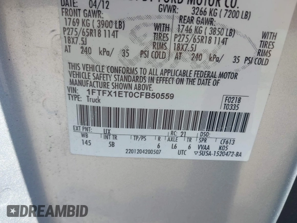 2012 Ford F-150 XL with VIN 1FTFX1ET0CFB50559, listed as a IAAI auction lot 41899090 with 215,687 mi miles. Bid and sale history available at carsss.com. Image 9.