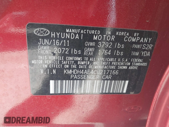 2012 Hyundai Elantra Limited with VIN KMHDH4AE4CU217166, listed as a IAAI auction lot 41754761 with 109,415 mi miles. Bid and sale history available at carsss.com. Image 9.