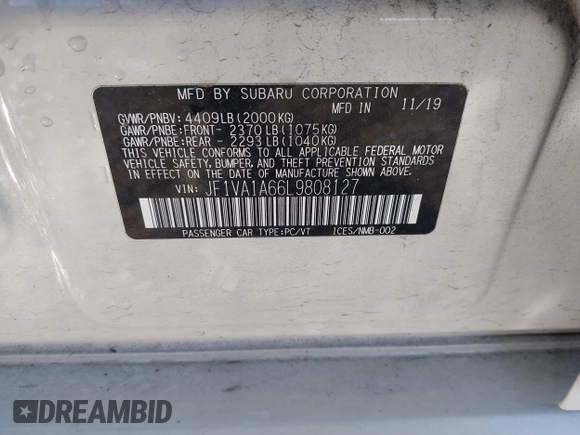 2020 Subaru WRX with VIN JF1VA1A66L9808127, listed as a IAAI auction lot 41309761 with 54,274 mi miles and . Bid and sale history available at DreamBid. Image 9.