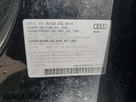 2014 Audi Q5 Premium Plus with VIN WA1LFAFP2EA114549, listed as a Copart auction lot 64859955 with 116,988 mi miles and Clean title. Bid and sale history available at DreamBid. Image 13.