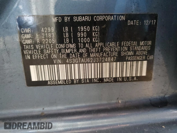 2018 Subaru Impreza Limited with VIN 4S3GTAU62J3724847, listed as a Copart auction lot 46976245 with 18,179 mi miles and Salvage title. Bid and sale history available at DreamBid. Image 12.