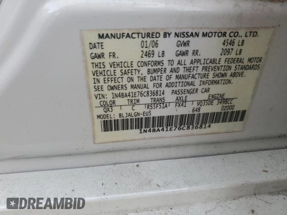 2006 Nissan Maxima 3.5 SL with VIN 1N4BA41E76C836814, listed as a Copart auction lot 73954234 with 188,077 mi miles and Salvage Title. Bid and sale history available at carsss.com. Image 14.