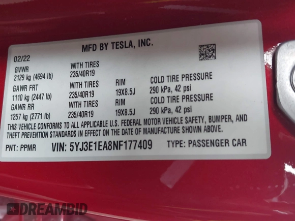 2022 Tesla Model 3 with VIN 5YJ3E1EA8NF177409, listed as a IAAI auction lot 41740718 with 25,557 mi miles. Bid and sale history available at carsss.com. Image 9.