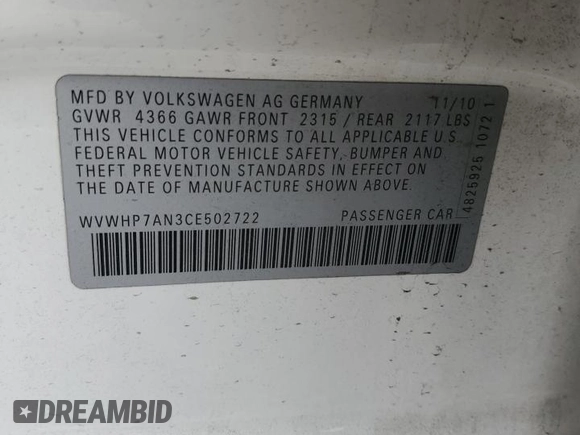 2012 Volkswagen CC Lux PZEV with VIN WVWHP7AN3CE502722, listed as a Copart auction lot 53119725 with 77,821 mi miles and Salvage Title. Bid and sale history available at carsss.com. Image 12.