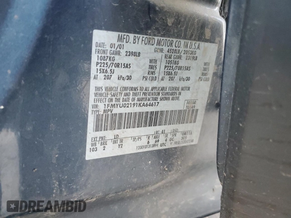 2001 Ford Escape XLS with VIN 1FMYU02191KA64617, listed as a Copart auction lot 83853044 with 187,594 mi miles and Salvage Title. Bid and sale history available at carsss.com. Image 14.