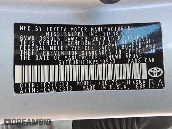2019 Toyota Corolla L with VIN 5YFBURHE1KP913523, listed as a Copart auction lot 58578985 with 81,100 mi miles and Clean title. Bid and sale history available at DreamBid. Image 12.