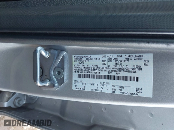 2015 Ford Escape Titanium with VIN 1FMCU0J93FUC02844, listed as a IAAI auction lot 41531293 with 115,392 mi miles and . Bid and sale history available at DreamBid. Image 9.