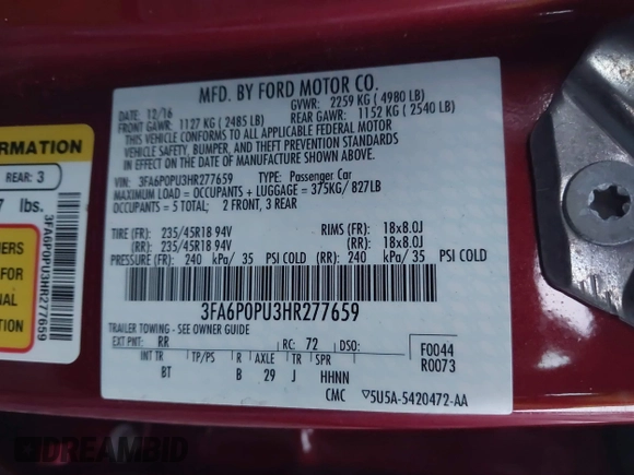 2017 Ford Fusion Energi SE with VIN 3FA6P0PU3HR277659, listed as a IAAI auction lot 41297011 with 119,244 mi miles. Bid and sale history available at carsss.com. Image 9.