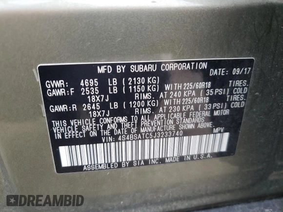 2018 Subaru Outback Touring с VIN 4S4BSATC5J3233740, выставлен на аукционе Copart как лот 54455955 с пробегом 105 587 миль миль и Списание • Salvage title. История ставок и продаж доступна на DreamBid. Изображение 13.