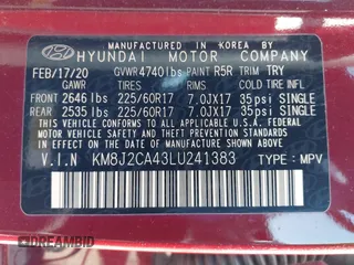 2020 Hyundai Tucson SE with VIN KM8J2CA43LU241383, listed as a IAAI auction lot 41952052 with 15,491 mi miles. Bid and sale history available at carsss.com. Image 9.