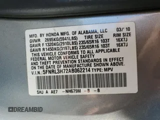 2010 Honda Odyssey EX-L with VIN 5FNRL3H72AB062214, listed as a Copart auction lot 55803575 with 185,689 mi miles and Clean Title. Bid and sale history available at DreamBid. Image 13.