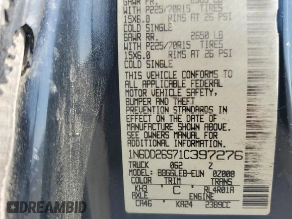 2001 Nissan Frontier XE z VIN 1N6DD26S71C397276, wystawiony jako Copart lot #60510325 z przebiegiem 190 273 mil mil oraz Szkoda całkowita • Salvage title. Historia ofert i sprzedaży dostępna na DreamBid. Obrazek 12.