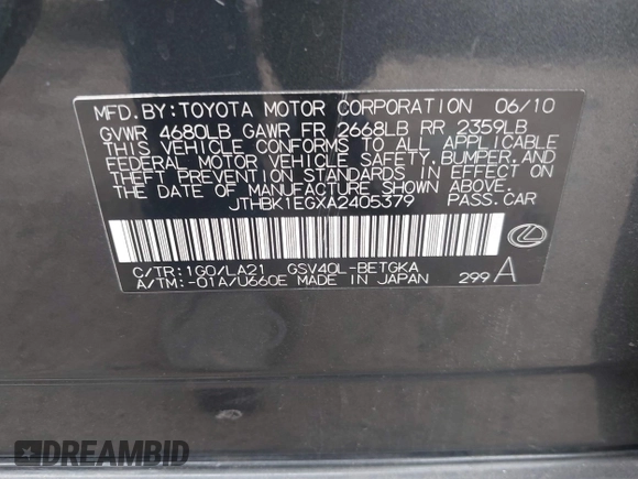2010 Lexus ES with VIN JTHBK1EGXA2405379, listed as a IAAI auction lot 42062348 with 73,526 mi miles. Bid and sale history available at carsss.com. Image 9.