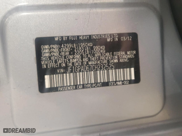 2012 Subaru Impreza Wagon 2.0i Premium with VIN JF1GPAD67CH232525, listed as a Copart auction lot 53774375 with 98,824 mi miles and Salvage Title. Bid and sale history available at carsss.com. Image 12.
