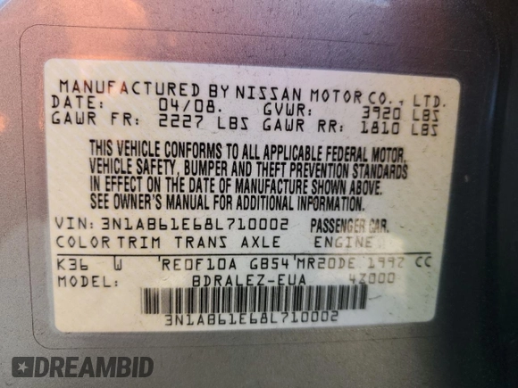 2008 Nissan Sentra S with VIN 3N1AB61E68L710002, listed as a Copart auction lot 55684405 with 134,710 mi miles and Salvage Title. Bid and sale history available at DreamBid. Image 12.
