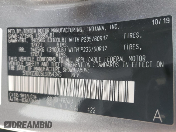 2020 Toyota Sienna XLE Auto Access Seat с VIN 5TDYZ3DC5LS054345, выставлен на аукционе Copart как лот 58808945 с пробегом Не указан миль и Списание • Salvage title. История ставок и продаж доступна на DreamBid. Изображение 13.