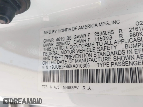2019 Acura TLX w/Technology Pkg with VIN 19UUB2F46KA010306, listed as a IAAI auction lot 41650720 with 163,828 mi miles. Bid and sale history available at carsss.com. Image 9.