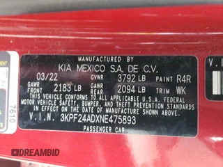 2022 Kia Forte LXS with VIN 3KPF24ADXNE475893, listed as a Copart auction lot 45567325 with 31,664 mi miles and Clean Title. Bid and sale history available at DreamBid. Image 12.