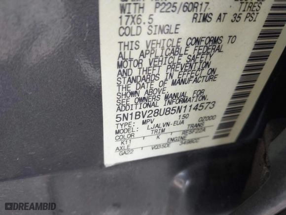 2005 Nissan Quest with VIN 5N1BV28U85N114573, listed as a IAAI auction lot 41841082 with 1 mi miles. Bid and sale history available at carsss.com. Image 9.