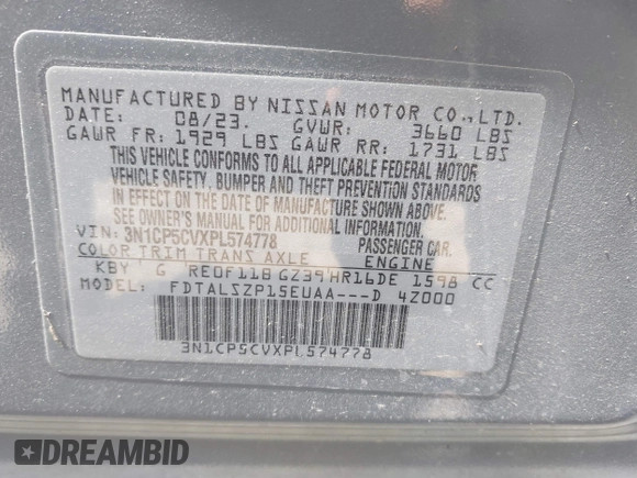 2023 Nissan Kicks SV with VIN 3N1CP5CVXPL574778, listed as a IAAI auction lot 41956067 with 5,867 mi miles and . Bid and sale history available at DreamBid. Image 9.