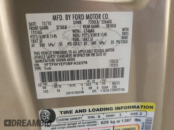2011 Ford F-150 XL with VIN 1FTFW1EF0BFA32376, listed as a IAAI auction lot 41639562 with 130,593 mi miles and . Bid and sale history available at DreamBid. Image 9.