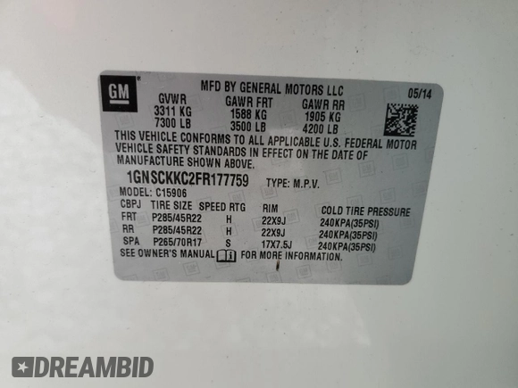 2015 Chevrolet Suburban LTZ with VIN 1GNSCKKC2FR177759, listed as a Copart auction lot 50919105 with 87,793 mi miles and Salvage Title. Bid and sale history available at DreamBid. Image 14.