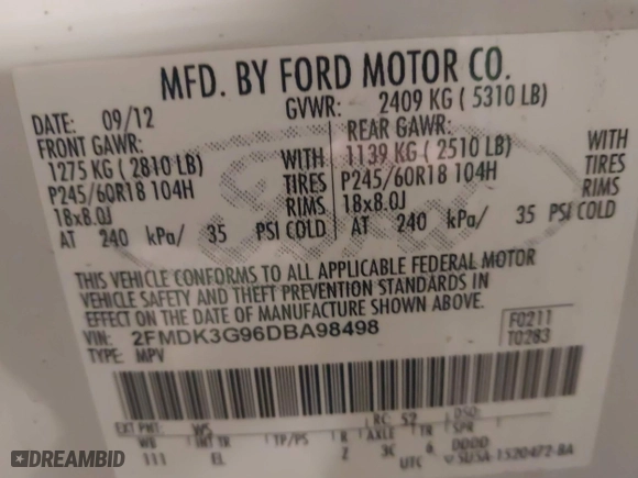 2013 Ford Edge SE with VIN 2FMDK3G96DBA98498, listed as a IAAI auction lot 42033492 with 178,738 mi miles. Bid and sale history available at carsss.com. Image 9.