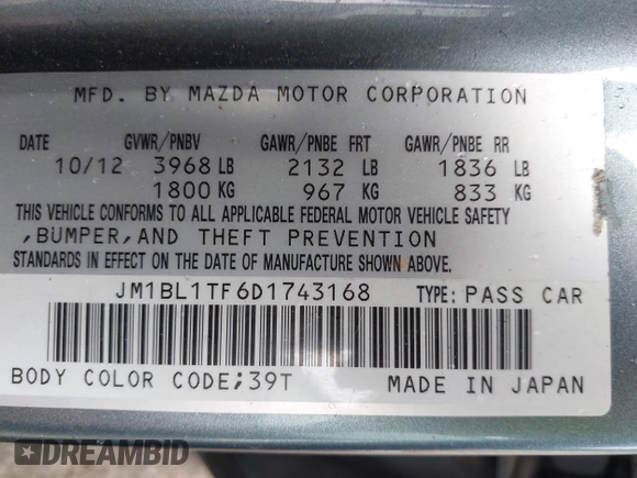 2013 Mazda 3 i SV with VIN JM1BL1TF6D1743168, listed as a IAAI auction lot 42528920 with 191,157 mi miles and . Bid and sale history available at DreamBid. Image 9.