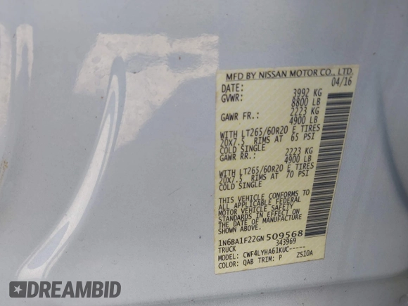 2016 Nissan Titan Platinum Reserve z VIN 1N6BA1F22GN509568, wystawiony jako IAAI lot #41766629 z przebiegiem 94 991 mil mil oraz . Historia ofert i sprzedaży dostępna na DreamBid. Obrazek 9.