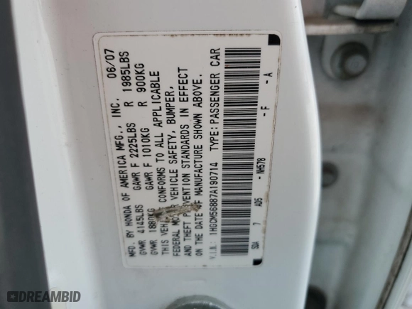 2007 Honda Accord Sdn EX-L with VIN 1HGCM56887A190714, listed as a Copart auction lot 47607095 with 255,435 mi miles and Salvage Title. Bid and sale history available at carsss.com. Image 14.
