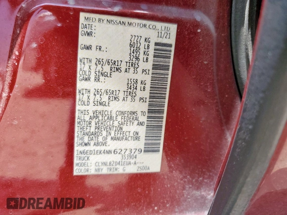 2022 Nissan Frontier Pro-4X with VIN 1N6ED1EK4NN627379, listed as a Copart auction lot 59880425 with 40,580 mi miles and Salvage title. Bid and sale history available at DreamBid. Image 12.