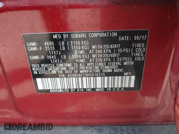 2017 Subaru Outback Premium with VIN 4S4BSAFC9H3418315, listed as a IAAI auction lot 42012091 with 62,906 mi miles and . Bid and sale history available at DreamBid. Image 9.