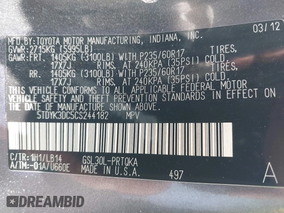 2012 Toyota Sienna XLE AAS с VIN 5TDYK3DC5CS244182, выставлен на аукционе IAAI как лот 42010398 с пробегом 218 607 миль миль и . История ставок и продаж доступна на DreamBid. Изображение 9.