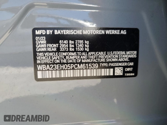 2023 BMW 7 Series 740i with VIN WBA23EH05PCM61539, listed as a Copart auction lot 58013225 with 16,242 mi miles and Salvage title. Bid and sale history available at DreamBid. Image 12.