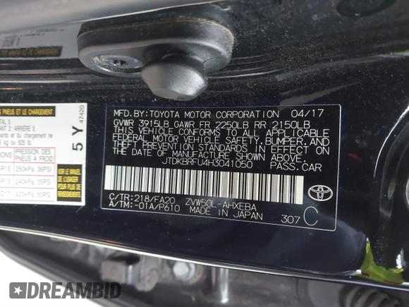 2017 Toyota Prius Two with VIN JTDKBRFU4H3041050, listed as a IAAI auction lot 41559037 with 150,143 mi miles and . Bid and sale history available at carsss.com. Image 9.