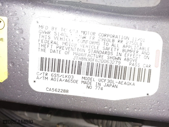2002 Lexus LS 430 with VIN JTHBN30F620063279, listed as a IAAI auction lot 41667365 with 181,688 mi miles. Bid and sale history available at carsss.com. Image 9.