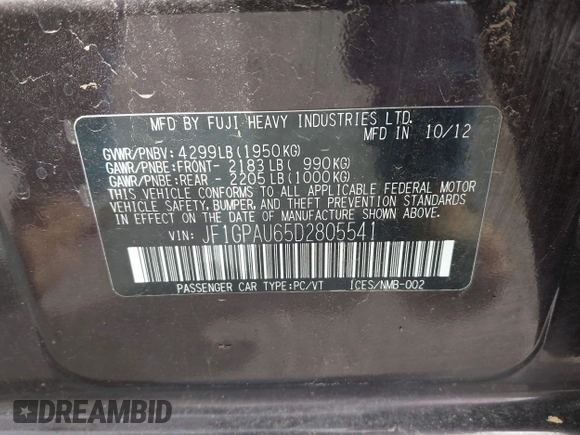 2013 Subaru Impreza Special Sports Limited с VIN JF1GPAU65D2805541, выставлен на аукционе IAAI как лот 41844365 с пробегом 95 859 миль миль и . История ставок и продаж доступна на DreamBid. Изображение 9.