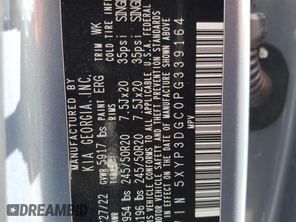 2023 Kia Telluride EX X-Line with VIN 5XYP3DGC0PG339164, listed as a Copart auction lot 50011535 with 40,154 mi miles and Salvage title. Bid and sale history available at DreamBid. Image 13.