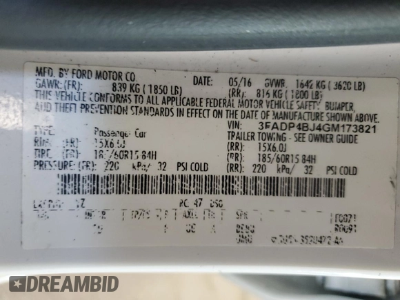 2016 Ford Fiesta SE with VIN 3FADP4BJ4GM173821, listed as a Copart auction lot 48788195 with 54,686 mi miles and Salvage Title. Bid and sale history available at DreamBid. Image 12.