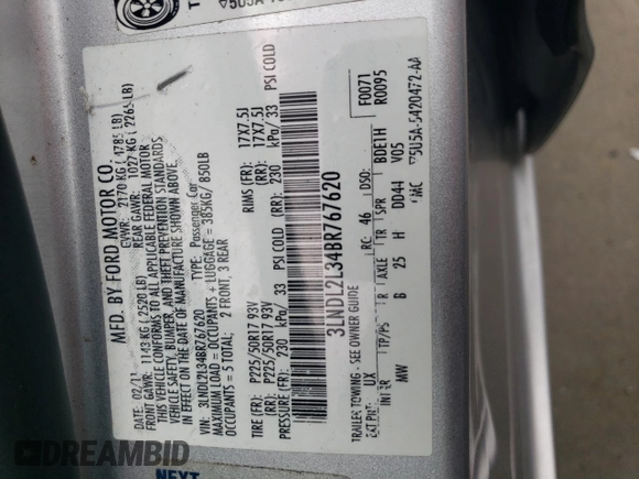 2011 Lincoln MKZ Hybrid with VIN 3LNDL2L34BR767620, listed as a Copart auction lot 51520875 with 116,629 mi miles and Salvage Title. Bid and sale history available at carsss.com. Image 14.