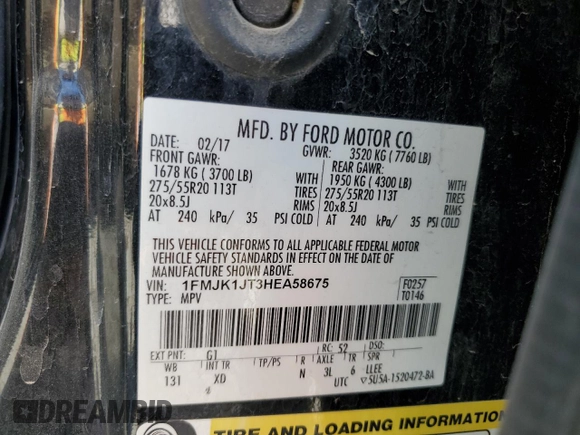 2017 Ford Expedition Max XLT with VIN 1FMJK1JT3HEA58675, listed as a Copart auction lot 51079865 with 183,636 mi miles and Salvage title. Bid and sale history available at DreamBid. Image 13.